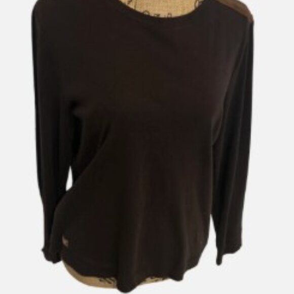 VINTAGE Lauren Ralph Lauren Knit Top Brown Faux Suede Shoulder Patch Size Large - Picture 3 of 13